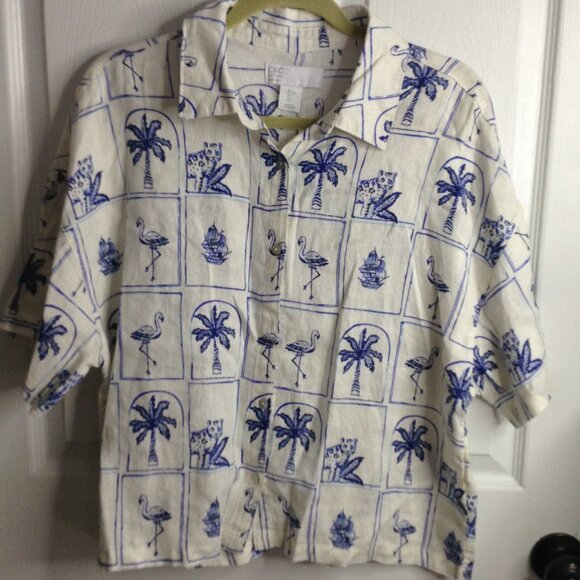 NWT C&C California "L" Linen Beachy Blue and White Blouse; Carefree, Hawaiian - Picture 1 of 6